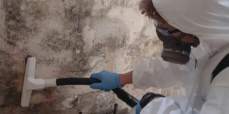 professional mold removal technician wearing protective equipment removing mold from a wall in Tacoma, WA