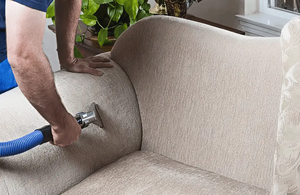 Professional upholstery cleaner deep-cleaning a fabric sofa with a handheld extraction tool and hose, Tacoma, WA.